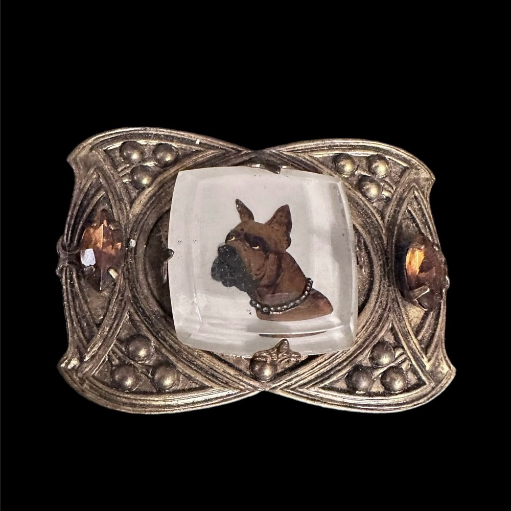 1930s Art Nouveau Reverse Intaglio Crystal Boxer Dog Brass Brooch Pin